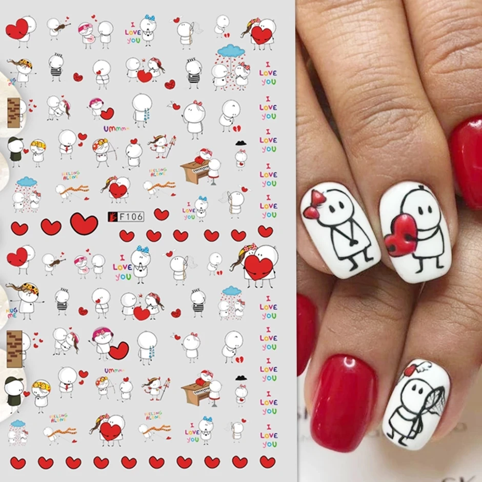 

3D Love Valentine Nail Sticker Cartoon Cute Couple Lover Sliders Red flake Lips Heart Design Wrap Nails Art Manicure decal, 28 colors