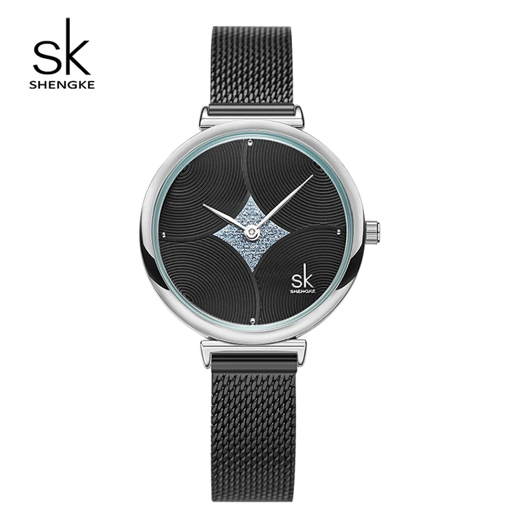 

Shengke Luxury Women Watch Black Dial Lady Wristwatch Stainless Mesh Pointer Quartz Watch For Girl Relogio Feminino K0143