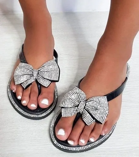 

JANHE Slip On Rainbow Rhinestone Bow Bling Rubber Slippers Shoes Ladies Flat Beach Rubber Sandals Summer Jelly Slides, 4 colours