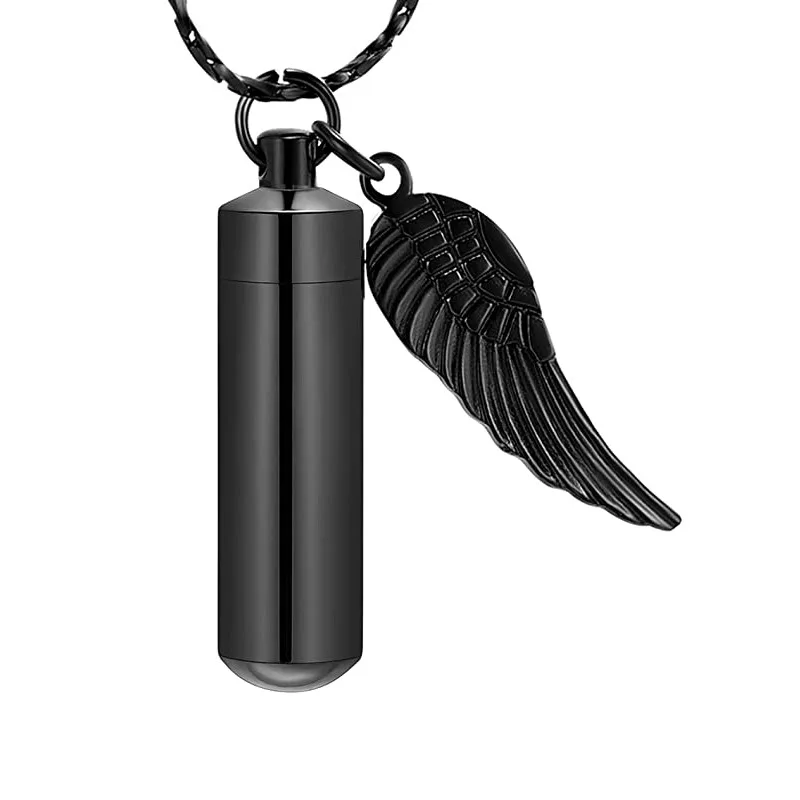 

Angel Wing Charm & Cylinder Eternity Stainless Steel Cremation Jewelry Urn Pendant Necklace for Ashes, Black