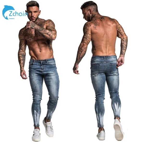 

OEM streetwear non-ripped hip hop elastic lotfeel faded bule ankle white painted distressed skinny fitjeans men, Blue men jeans
