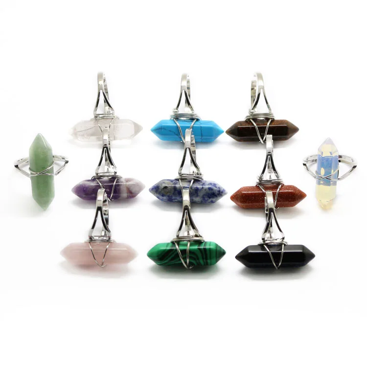 

RG1008 Healing Crystal Gemstone Double Terminated Point WireWrapped Bolo Rings, As picture