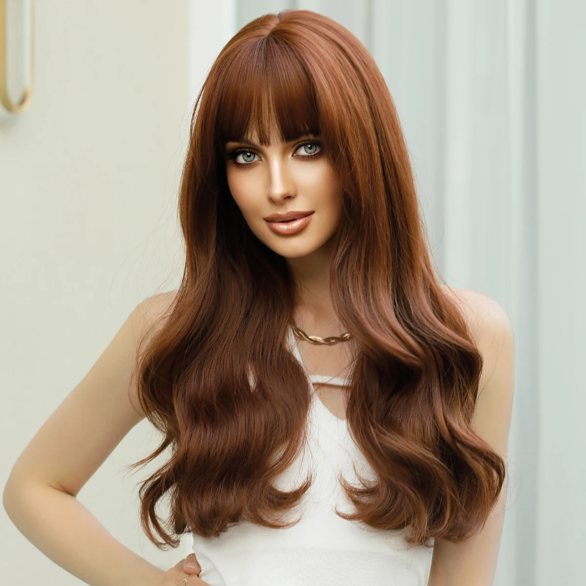 

Synthetic Copper Wig with Bangs 24 Inch Water Wave Hair Wig for Black Women Natural Matte Brown Heat Resistant Pelucas De Mujer