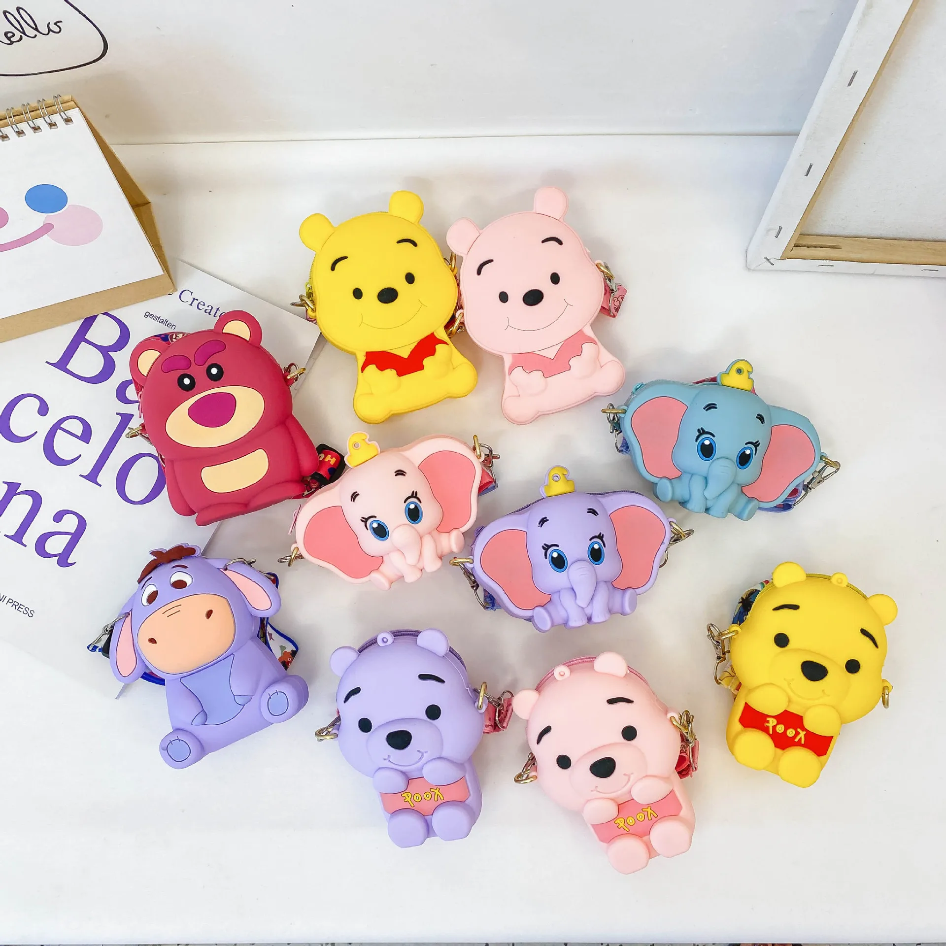 

silicone cartoon character cross body shoulder bag cute animal elephant cow bear winnie the pooh girls coin purse, Blue/pink/yellow/black/purple/rose red