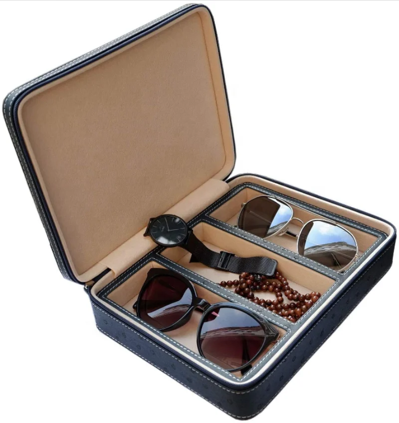 

PU Leather Eyeglasses Storage Box Travel Sunglasses Organizer Jewelry Display Case Watch Box for Women Men with 3 Slots, Customized
