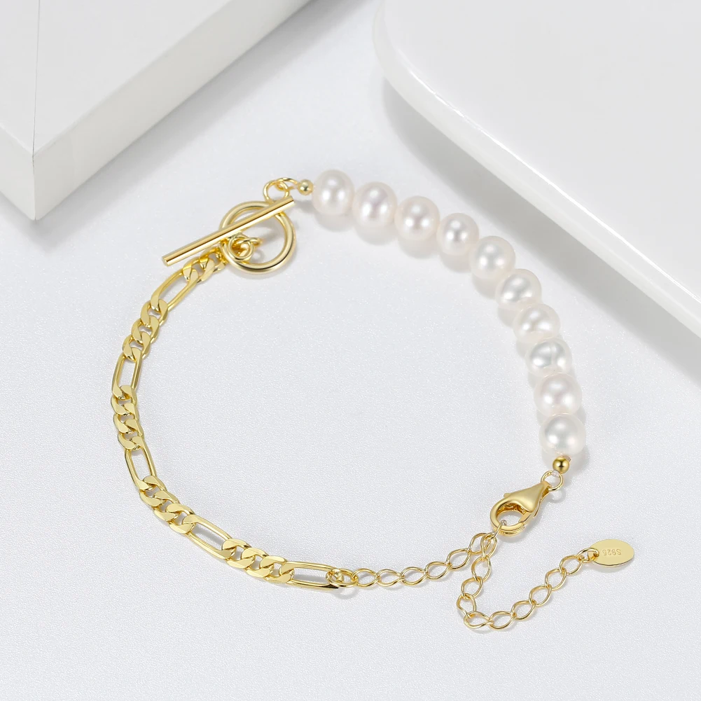

14k 18k Gold Plated 925 Silver Diamond Cut Figaro Link Chain and Half Irregular Real Cultured Baroque pearl bracelets wome