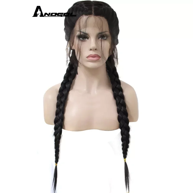 

Anogol Long Straight Black Synthetic Braided Lace Front Wigs with Baby Hair
