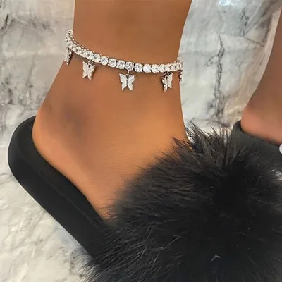 

Weihao Hot Selling Creative Rhinestone Butterfly Anklet Fashion Simple Temperament Claw Chain Tassel Cuban Beach Anklet, As picture show