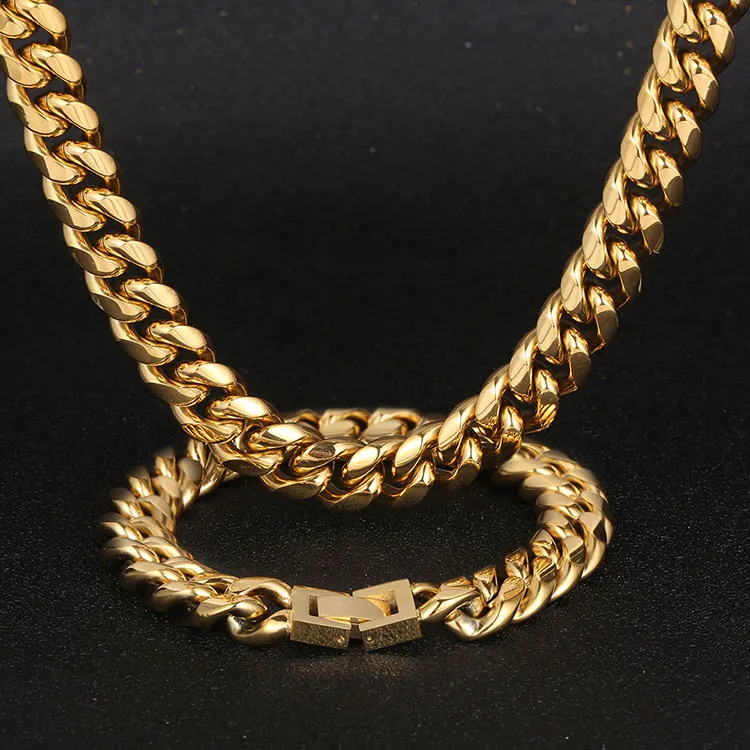 

12mm Hip Hop Cuban Link Chain Necklace 18k Men Gold Plated Stainless Steel Cuban Link Chains, Silver/gold /rainbow/black