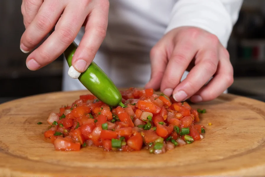 Chef preparing fresh salsa with serrano peppers demonstrating proper handling technique for high-heat chili peppers