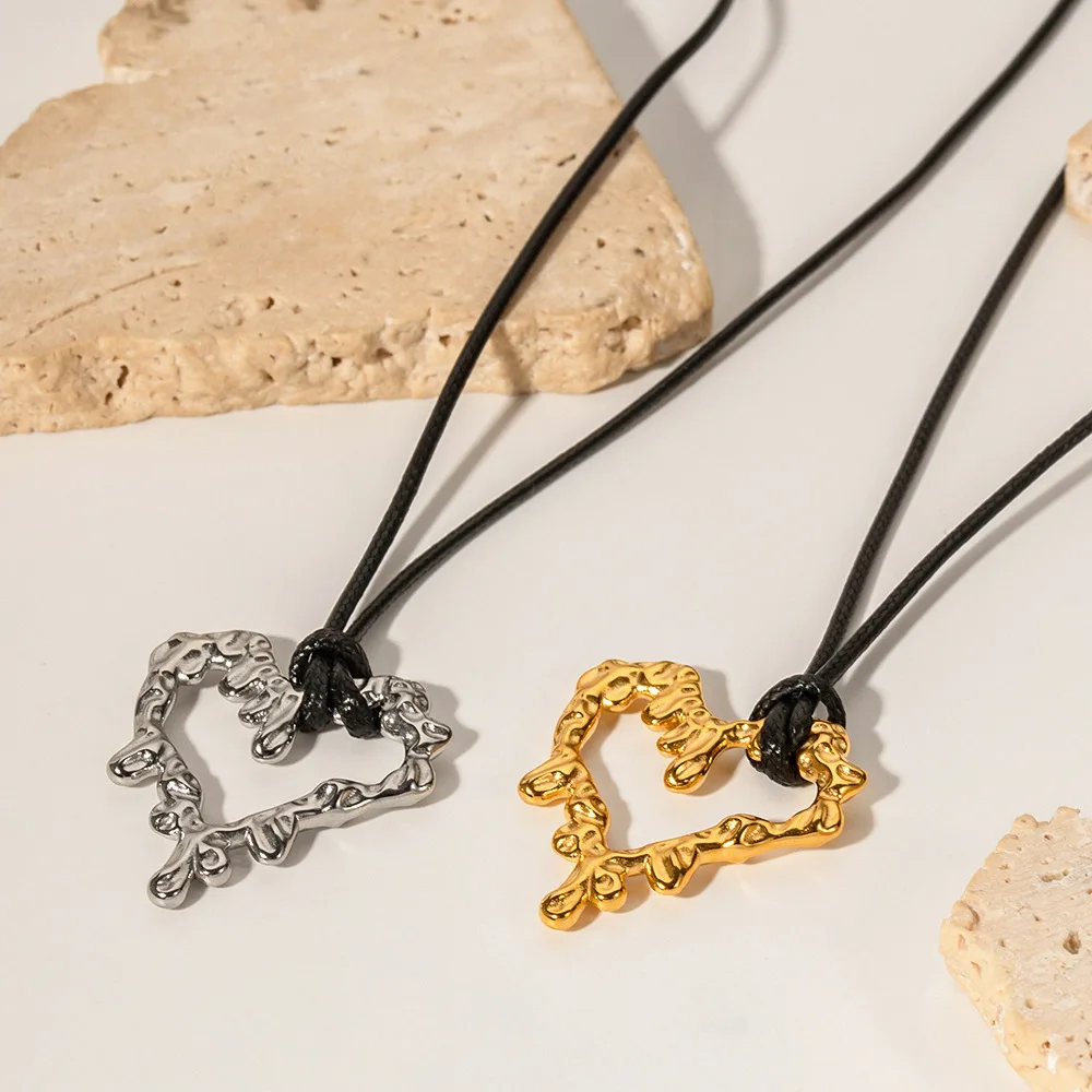 Hyperbole Black Wax Rope Irregular Geometric Necklaces 18K Gold Plated Stainless Steel Hollow Lava Love Heart Pendant Necklaces