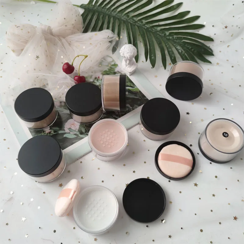 

Wholesale make your own cosmeics private label loose setting powder jar with puff for dark skin