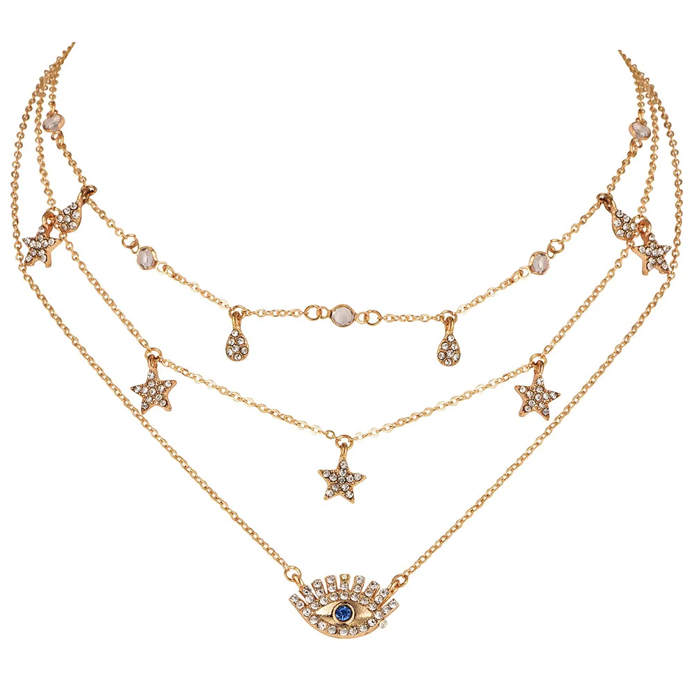 

Drop Shipping Fashion Gold Plated Evil Eye Star Rhinestone Layered Choker Necklace Collar Gargantilla