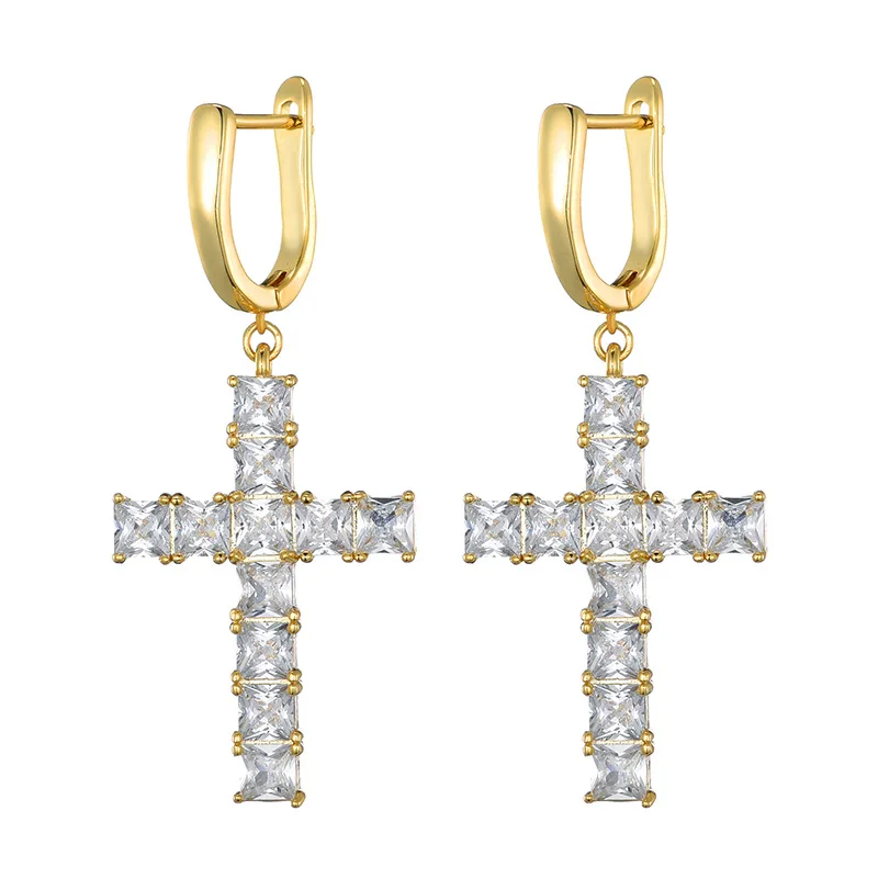 

2020 Hot Seller Fashion Zircon Cross Shaped Earrings Jewelry European Hip Hop Stylish Earrings Accessories For Men And Women, Gold silver