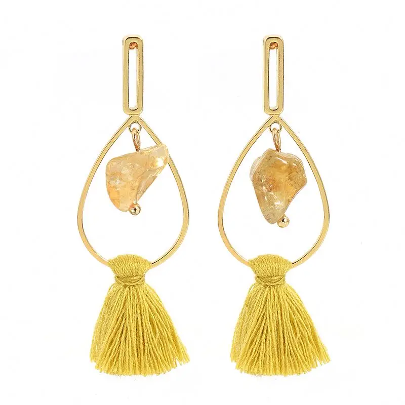 

2021 New boho vintage yellow stone earrings with tassel pendant fashion water drop geometric drop earrings jewelry for women, Shiny gold