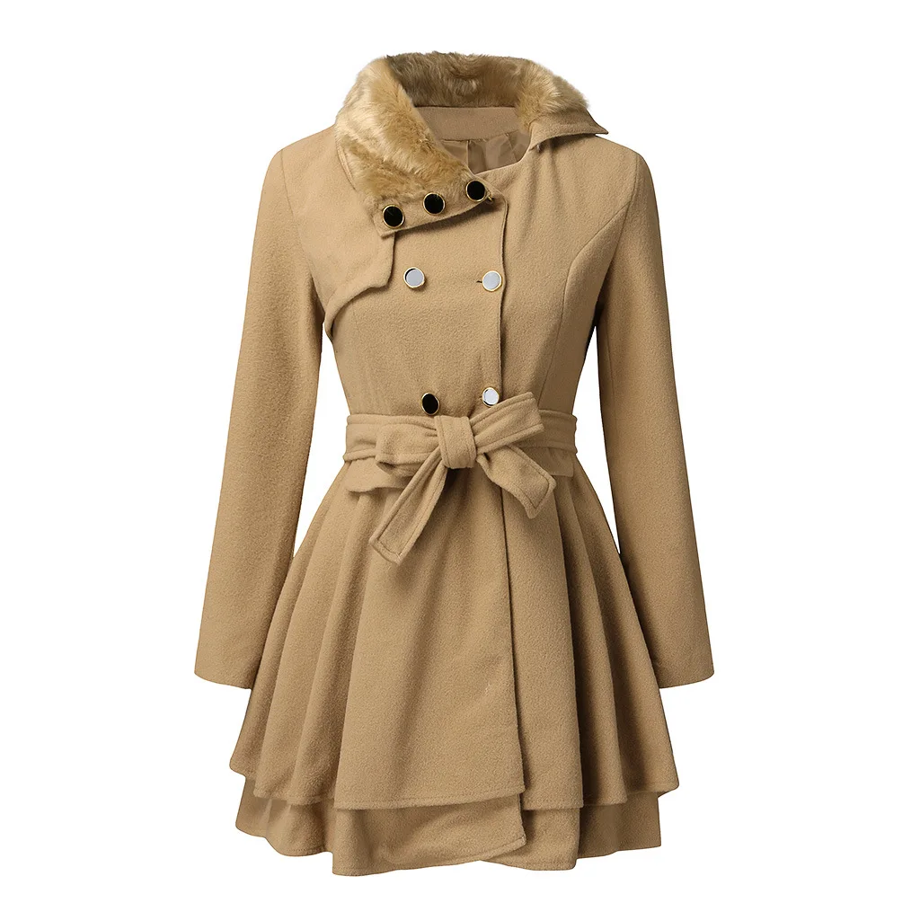 

New Design Large Size Long Woolen Coat Winter Faux Fur Collar Double-Breasted Jacket Slim Lace Luxury Fabric Wool Woman Coat