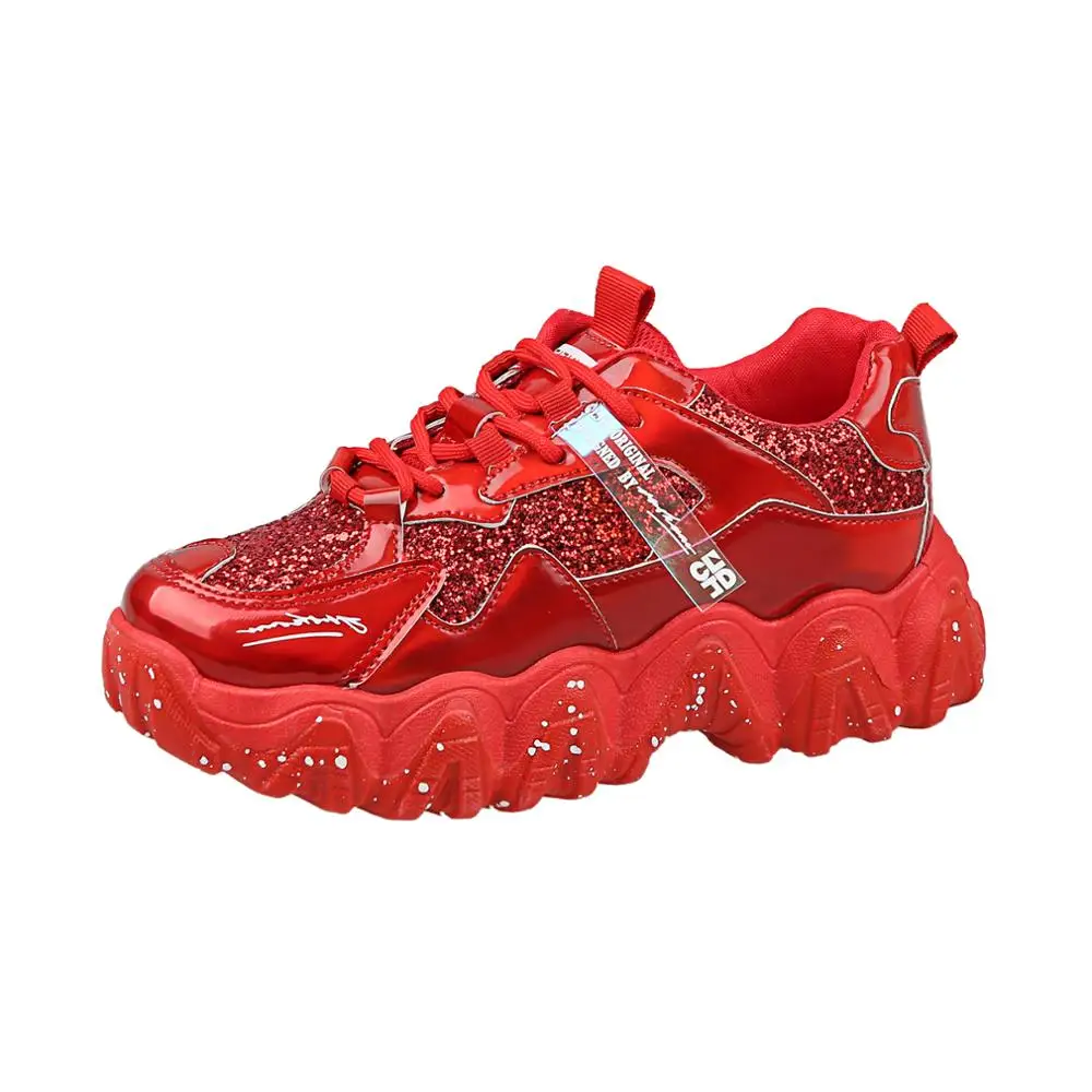 

2020 New Design Women PU Upper Breathable Casual Red Sports Shoes Fashion Sneakers, Black/red/slive