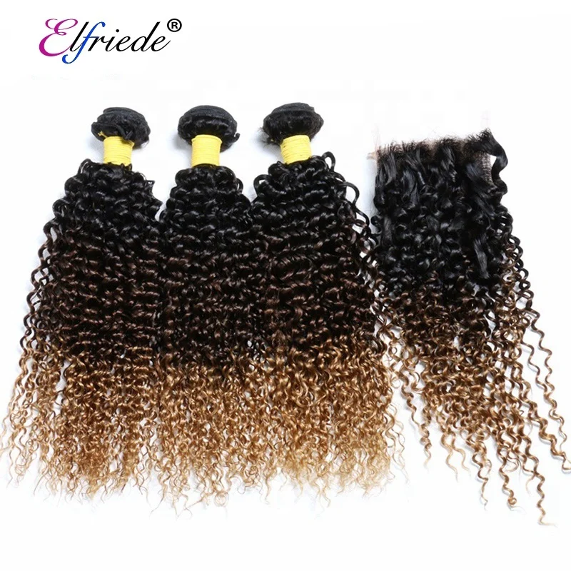 

#T 1B/4/27 Kinky Curly Ombre Hair Bundles with Lace Closure 4"x4" Brazilian Remy Human Hair Wefts with Closure JCXT-255