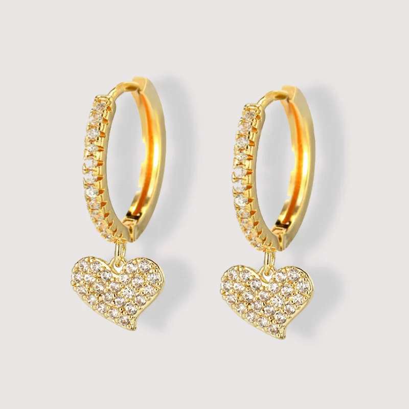 

2020 New Arrival Real Gold Plating Zirconia Crystal Heart Drop Earrings Shining Full CZ Cubic Zircon Heart Huggie Earrings