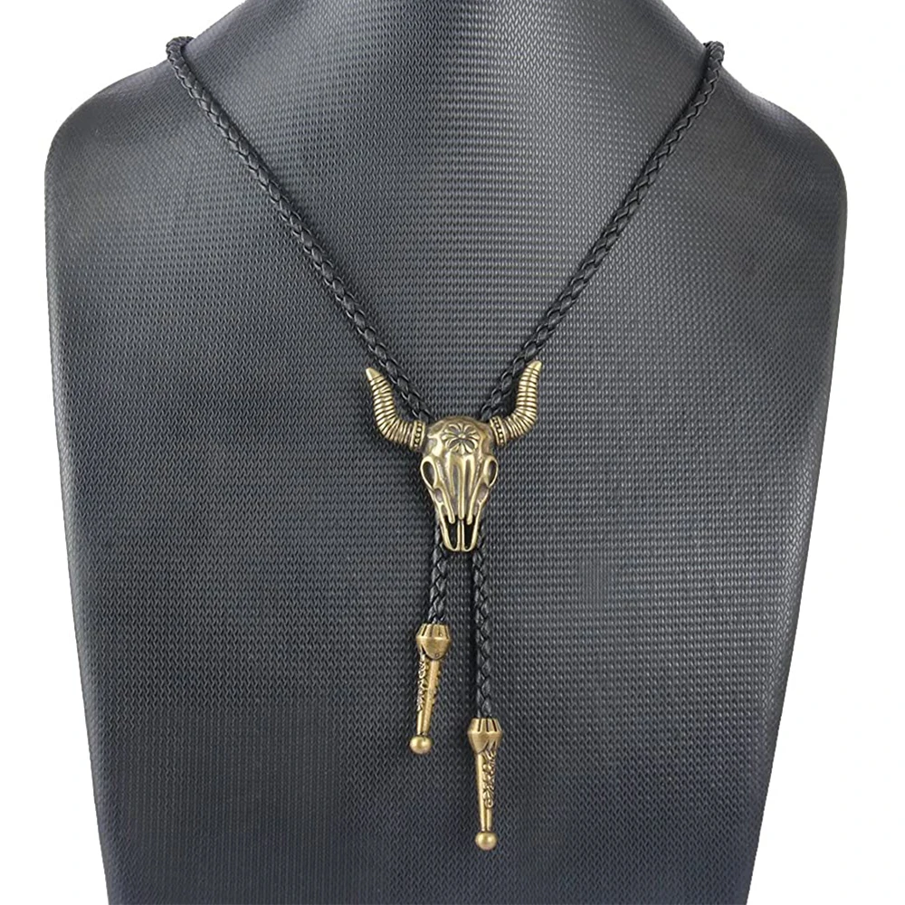 

2021 Sailing Jewelry Western Cowboy Bolo Tie Necklace for Men Native Leather Necktie Braided Bull Head Necklace