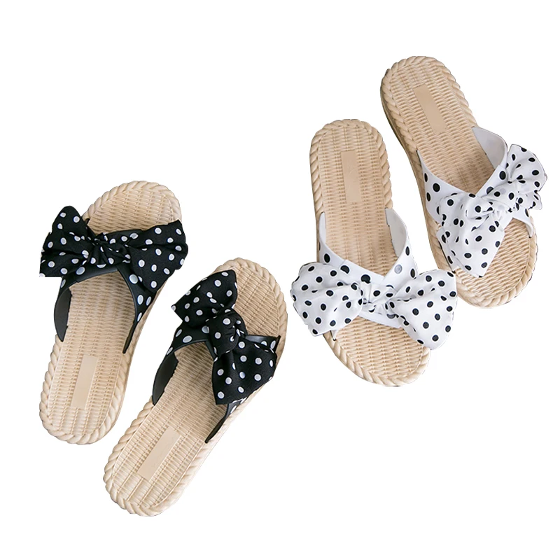 

Summer beautiful beach bow lady slippers outdoor fashion flat sandals, White black