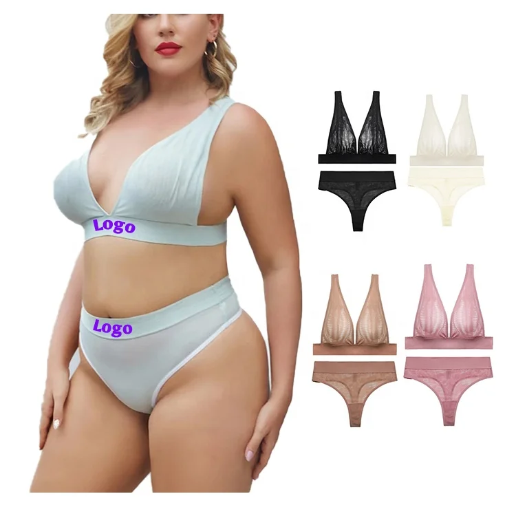 

Custom Logo Sexy Mesh Plunging Bra Thong Panty Sets, 6 colors