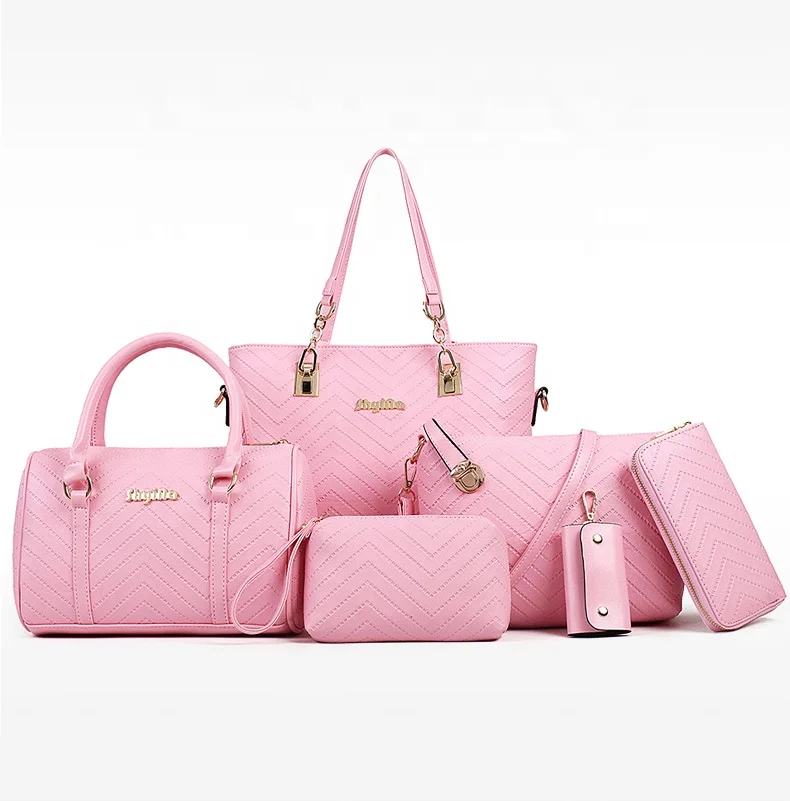 

new arrived embossed wave leather high quality lady 6 in 1 handbag set