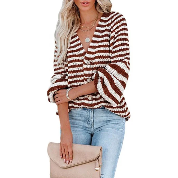 

Custom fall/winter new style plus-size slouchy single-breasted v-neck woman striped knitted sweater, Picture shown