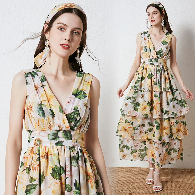 

In stock sales 2021 new woman clothes wholesale fashion apparel elegant floral casual dressesV-neck sleeveless long dresses, Picture color
