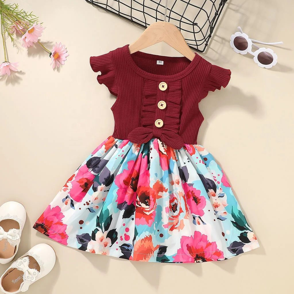 

New Arrival Summer Hot Sale Simple Style Cotton Blended Flower Pattern Ruffle Sleeve Dress for Children Girl