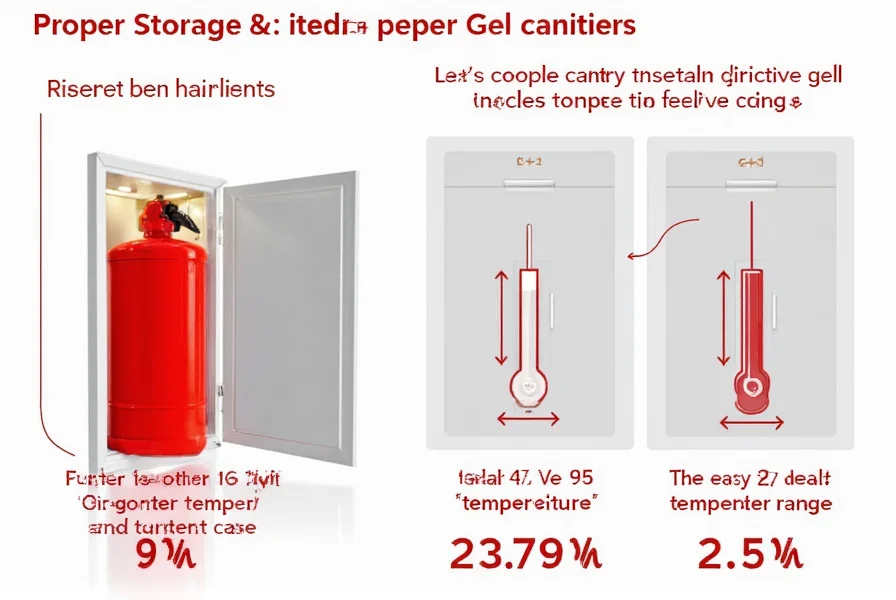 Proper storage conditions for pepper gel canisters showing ideal temperature range and positioning