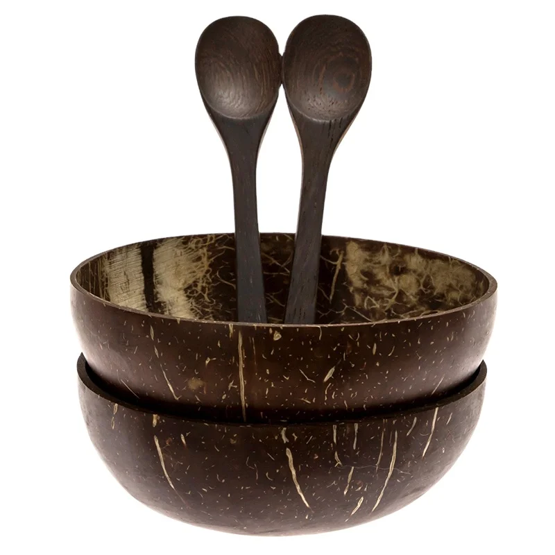 

Fancy Natural Thailand Eco Friendly Wooden Ebony Bowl Spoon Set OEM Smoothie Ramen Cereal Coconut Shell Rice Bowl with Spoon