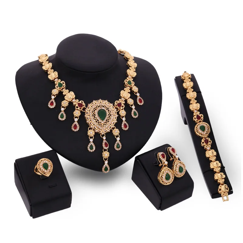 

Vintage Charming Euramerican Round Large Statement Necklace Earring Bracelet Ring Set For Women 4 Piece Jewelry Set, Gold, silver