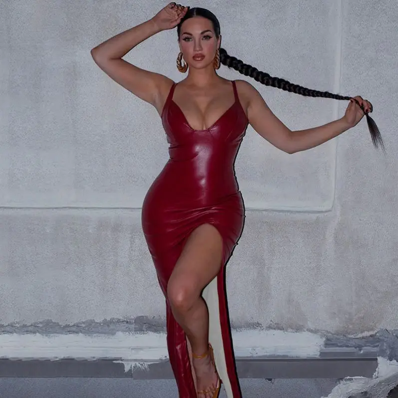 

X01065M Sexy halter dress for women 2020 Autumn/winter new style fashion leather slit MIDI skirt in stock