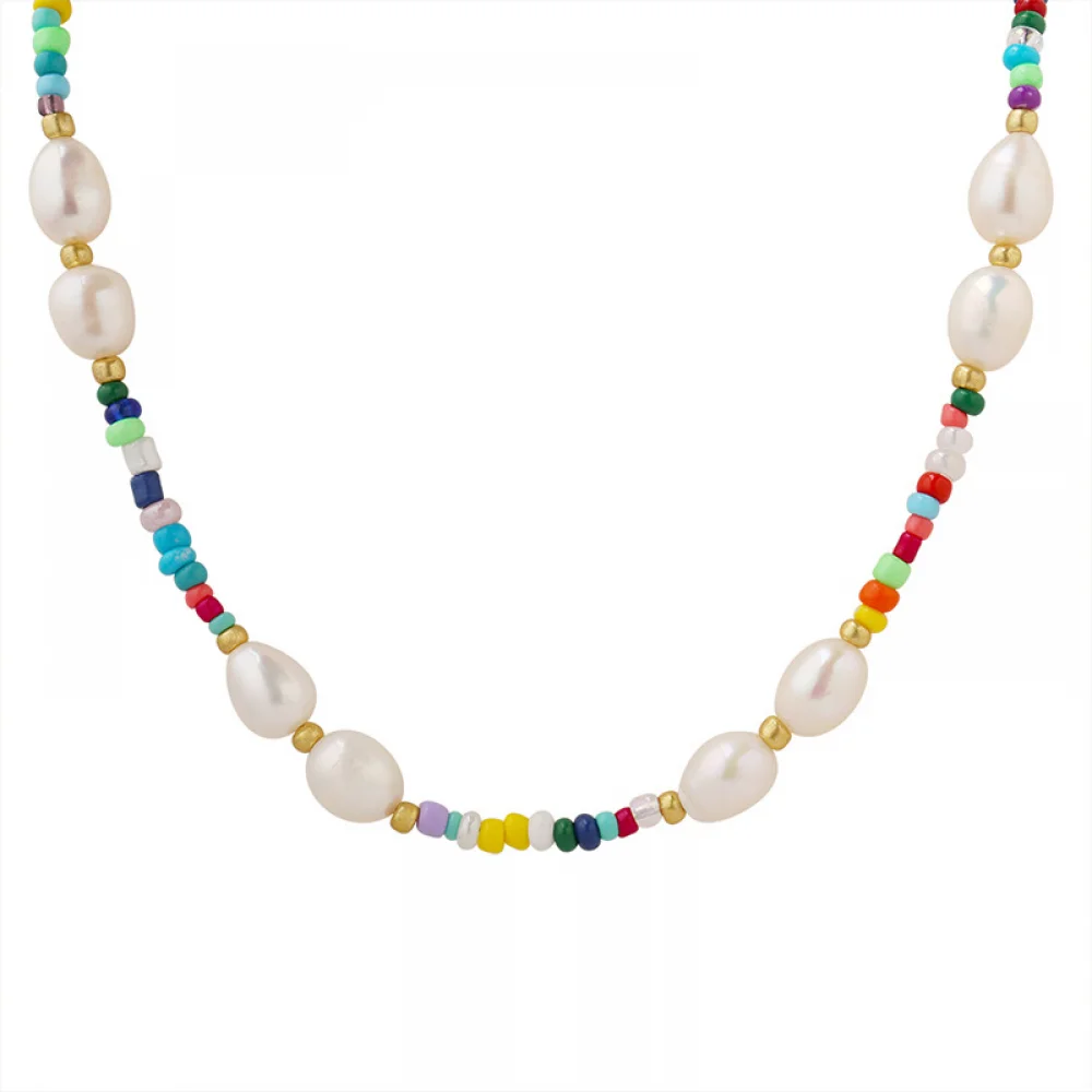 

New 18K Gold Plated Titanium Steel Bohemia Colorful Glass Beads Women Freshwater Pearl Necklace