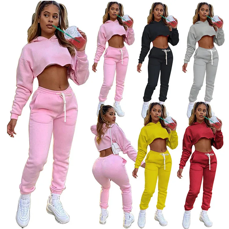 

2021 Fall Suit Fashion long Sleeve Casual Solid Color Crop Top Cotton Hoodie Sportswear Women Clothing Autumn Two Piece Set, 5 colors