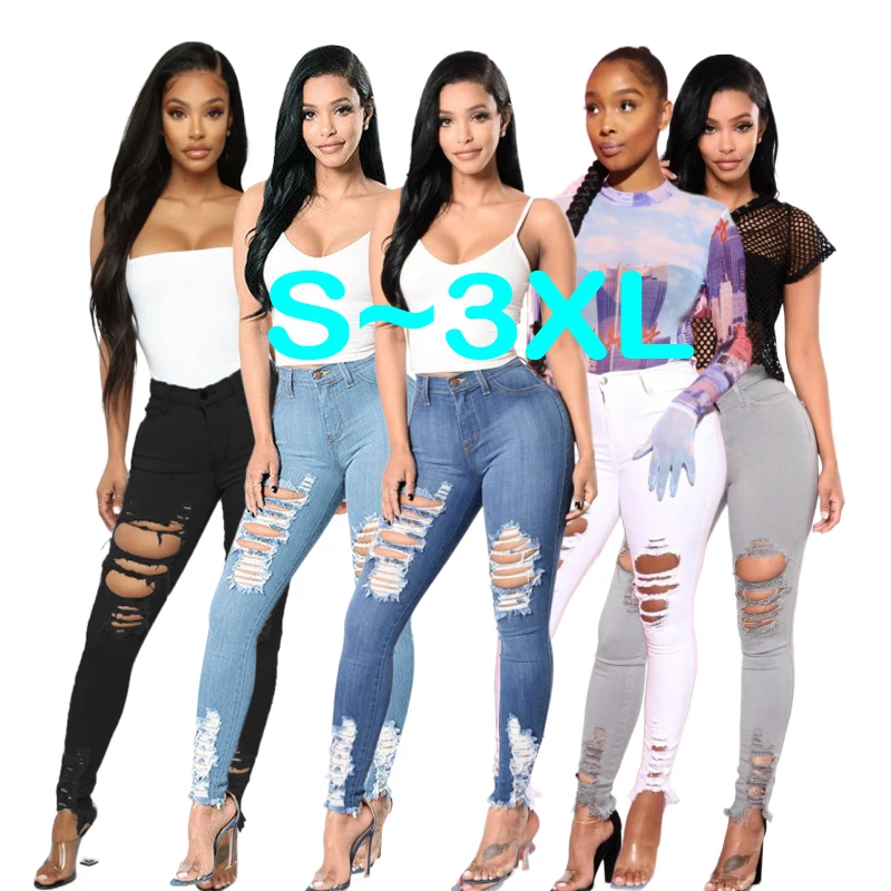 

2021 Fashion Street Ripped Jeans Women Women's High Waisted Plus Size Lady Jeans Denim Skinny Stretch Ripped Jeans