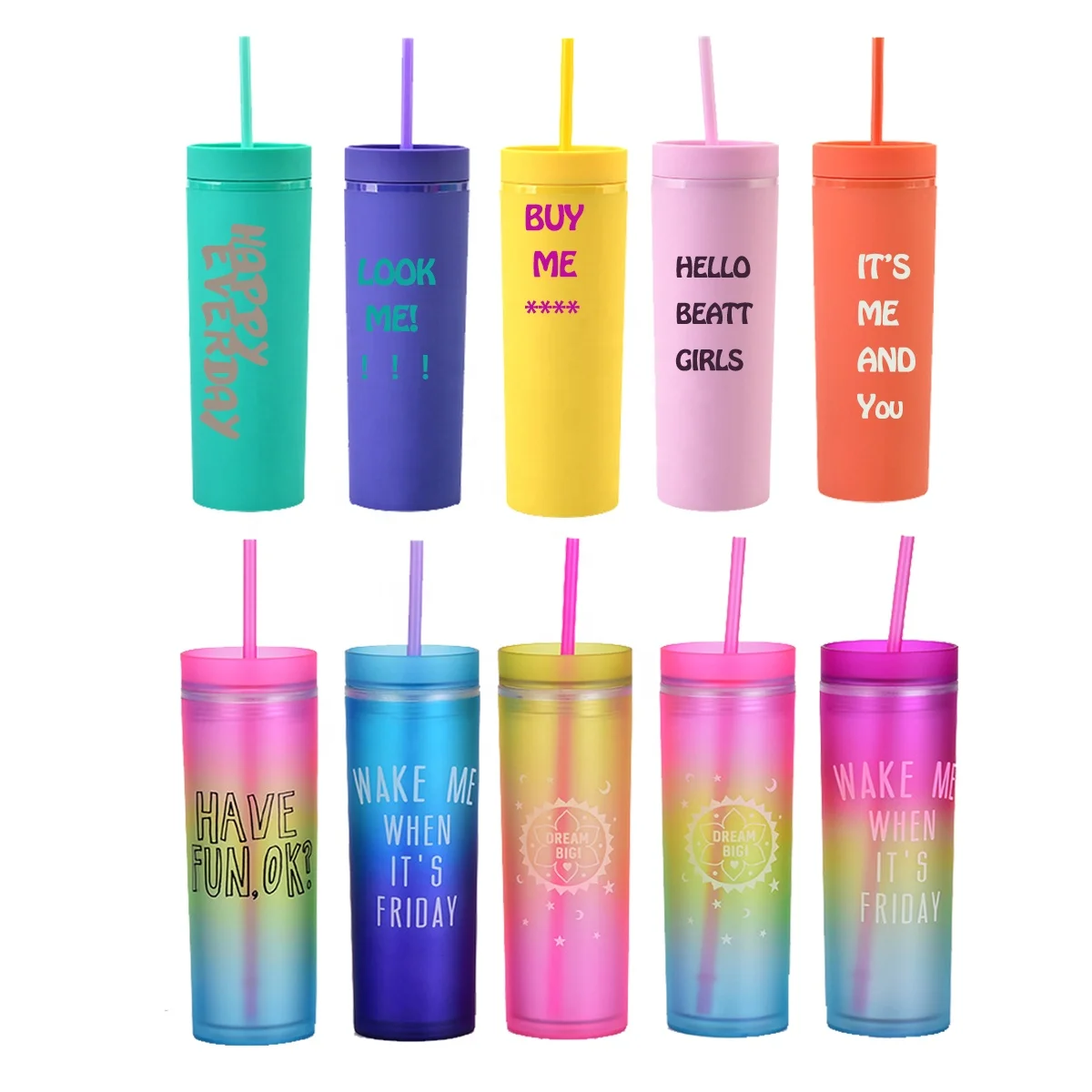 

2021 New Promotion double wall 16oz matte Skinny Plastic Tumblers straw plastic cups Lid, Pink blue, black, white purple and so o