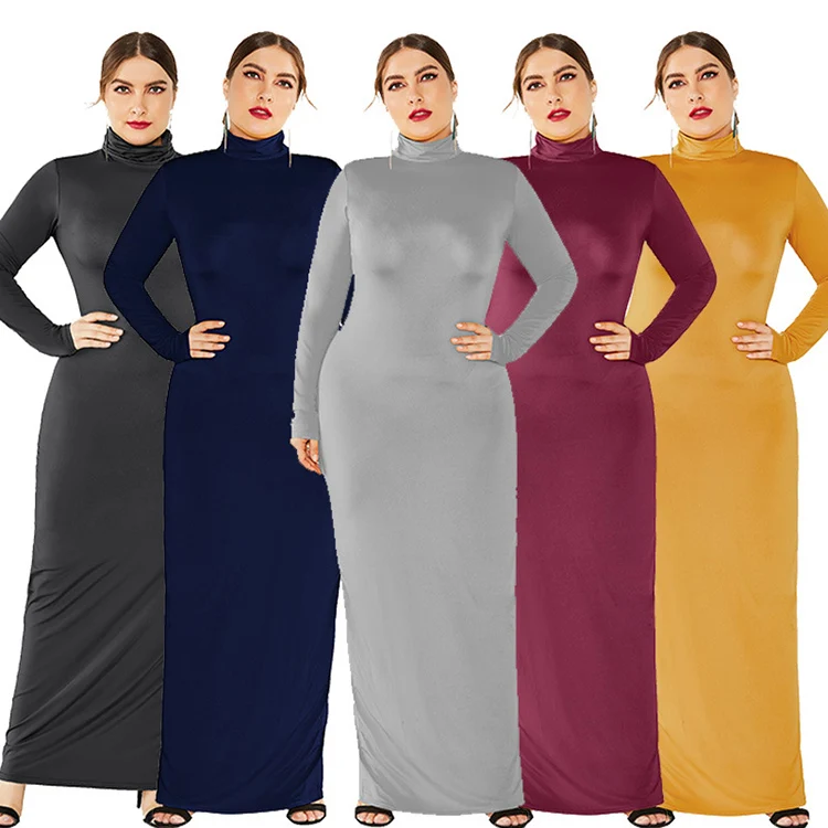 

Muslim islamic clothing autumn conservative high neck long sleeved women's fashion banquet simple solid color plus size dress, Picture color