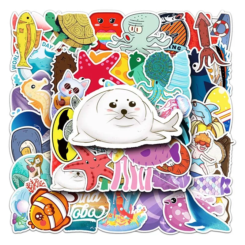 50Pcs Cartoon Trendy Graffiti Waterproof Decorative Laptop Luggage Water Bottle Car Ocean Series Animal Sticker
