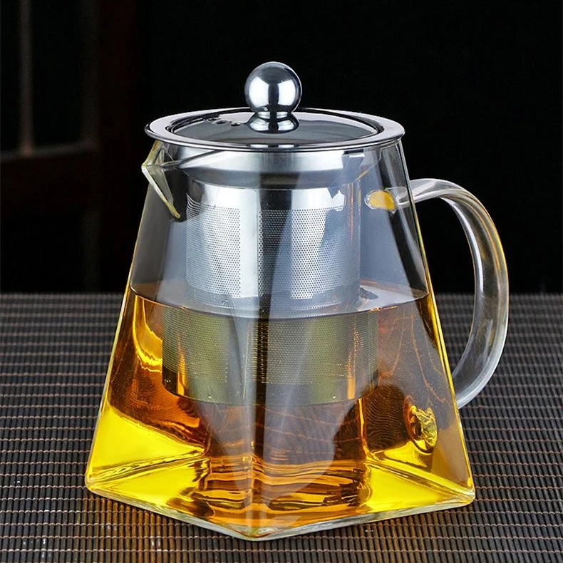

New Design Cheap Square Shape Tea Pot Stainless Steel Infuser Set Durable Glass Teapot with Handle, Transparent
