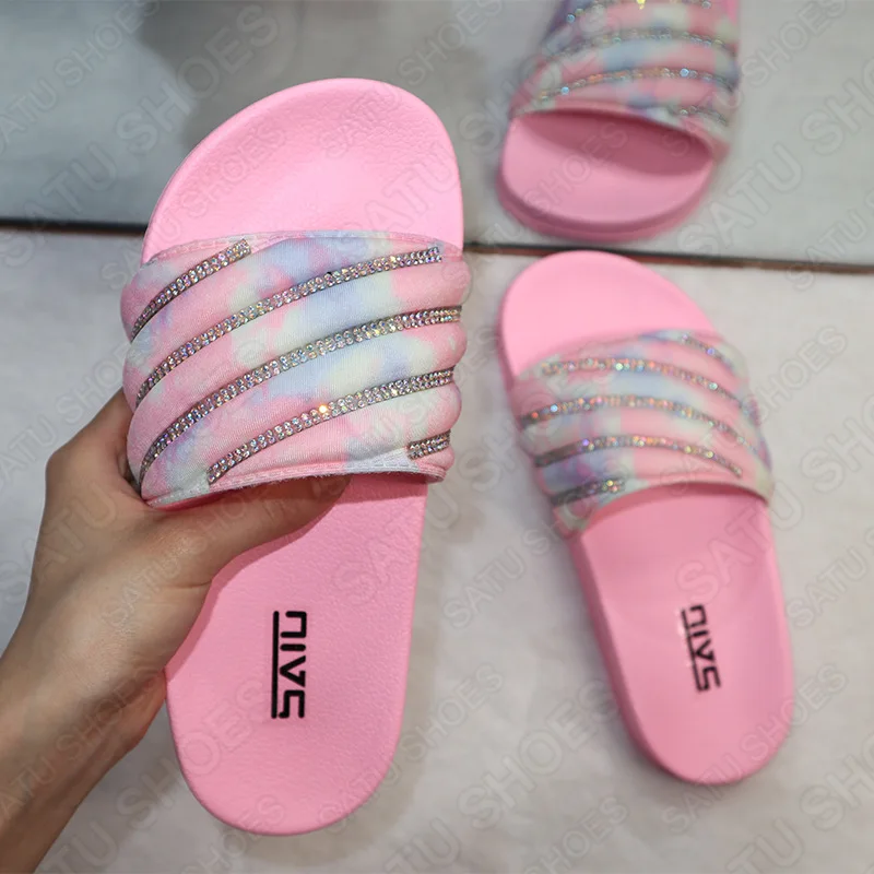 

SD--86 sweet pink purple tie dye print sequined strip open toe cross strap slipper for women flat beach sandals bath slipper, Picture show