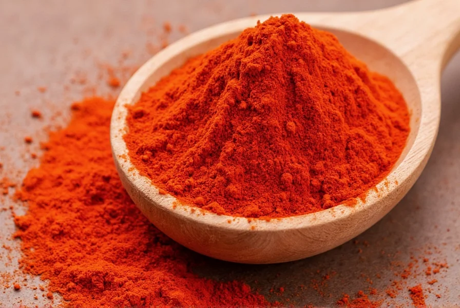 Close-up view of different paprika varieties in glass jars showing color variations from bright red to deep brick orange