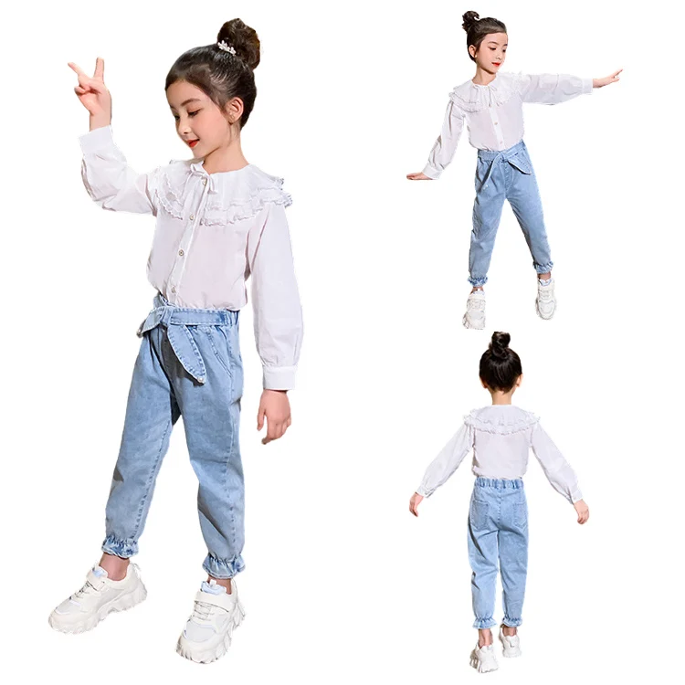 

Lace shirt spring autumn jeans suit children Korean style trousers kids girls' clothing sets