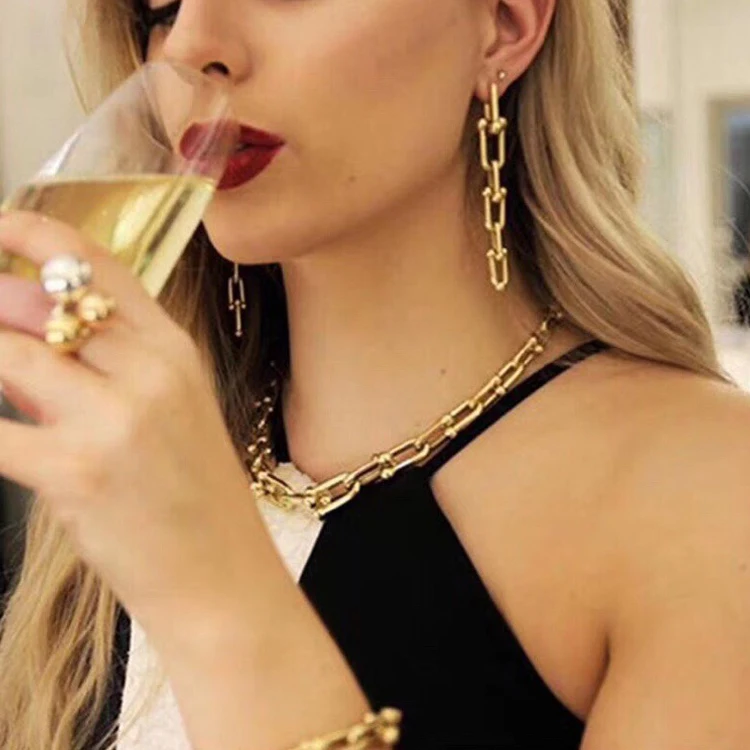 

Fashion Brass 18K Gold Plated U Link Chain Earring Long Earrings Women