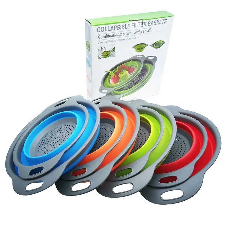 

2pk Round shape Silicone PlasticCollapsible Kitchen Colander set Space-Saver Folding Strainer Colander with handle