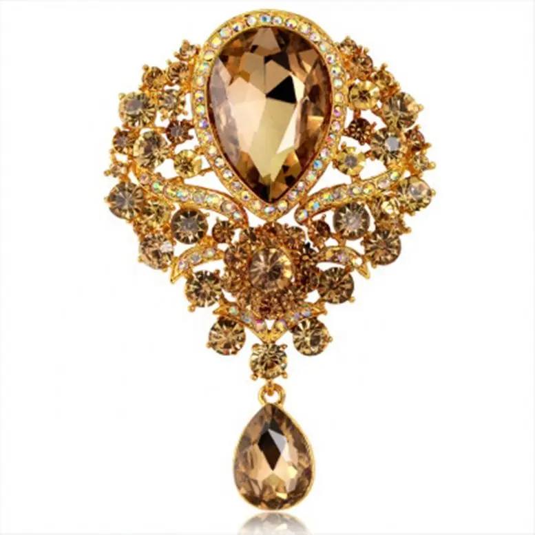

Water Drop Oval Tassel Brooch Plating Hollow Diamond Brooch Glass Pendant Alloy Brooch, Colorful