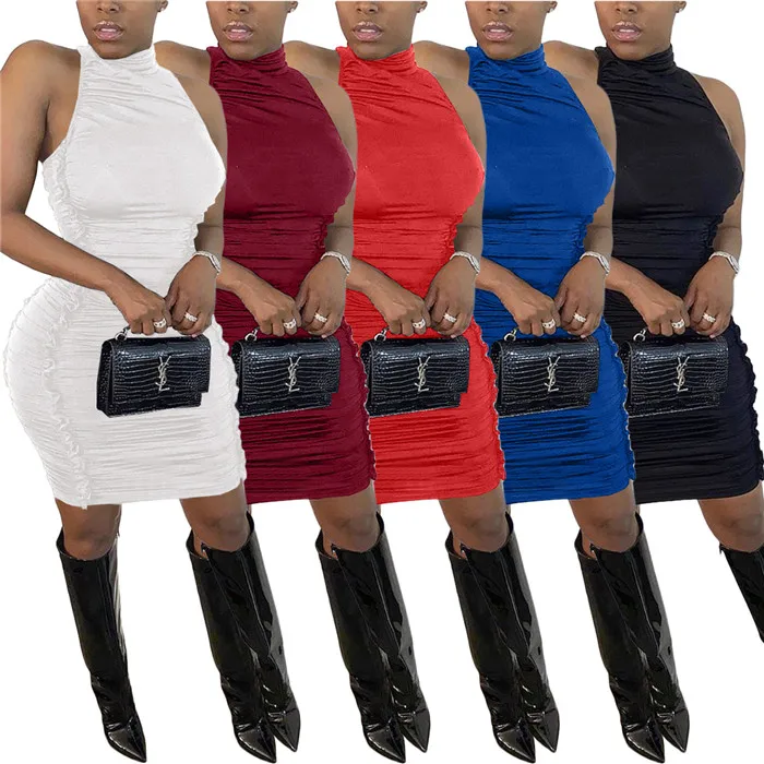 

B156-2021summer sleeveless bodycon solid color dress cascading ruffle mini dresses women