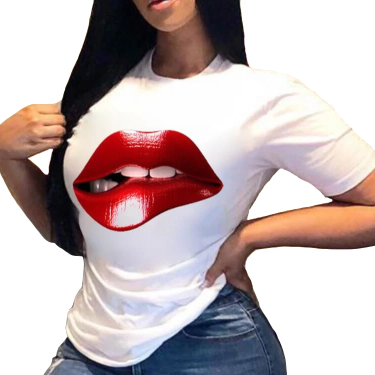 

2021 Summer Red Lip Print Printed Ladies Oversized T-shirt White Plus Size Short Sleeve Top Women's T-Shirts