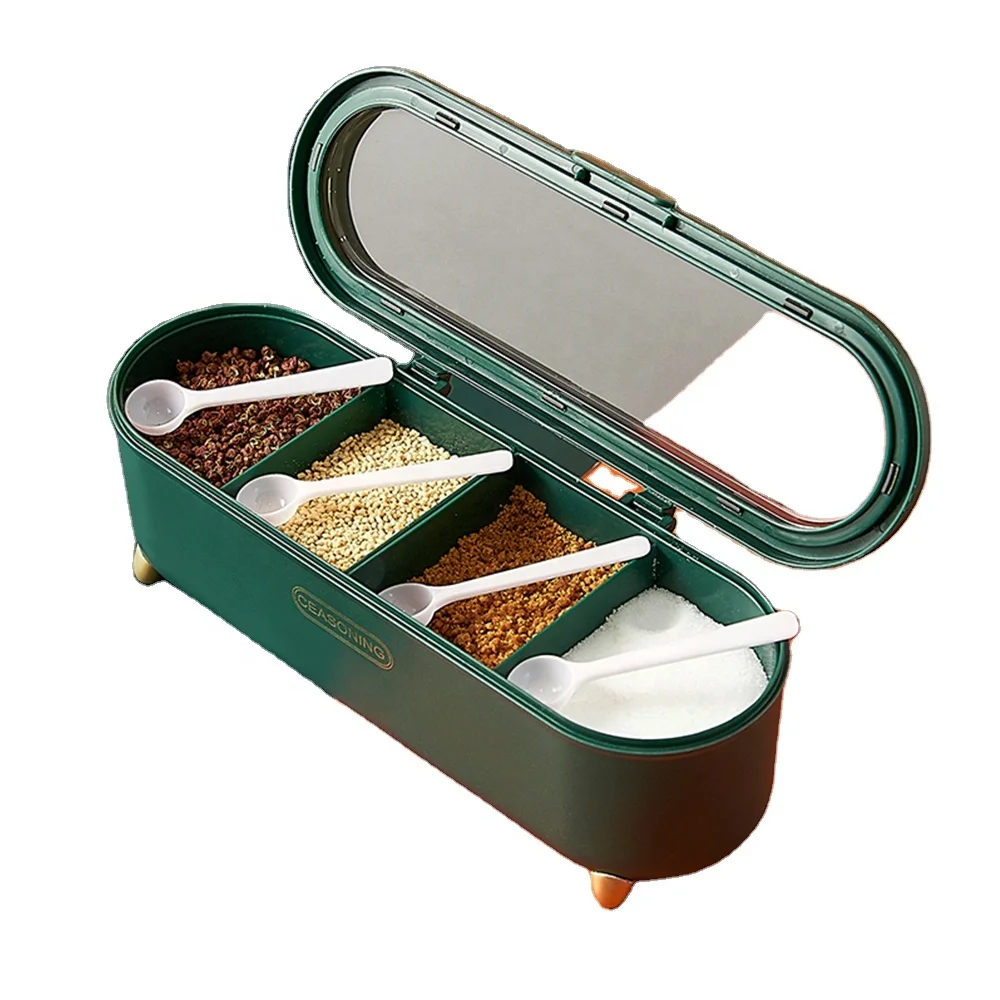 

New Product Spices Container Condiment Storage Jar 4 Grids Plastic Kitchen Seasoning Box, Green/white/orange